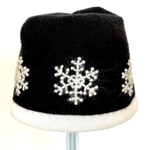 VTG Obermeyer 1947 Signature Wool Blend Embroidered Snowflakes Black Ski Cap Hat